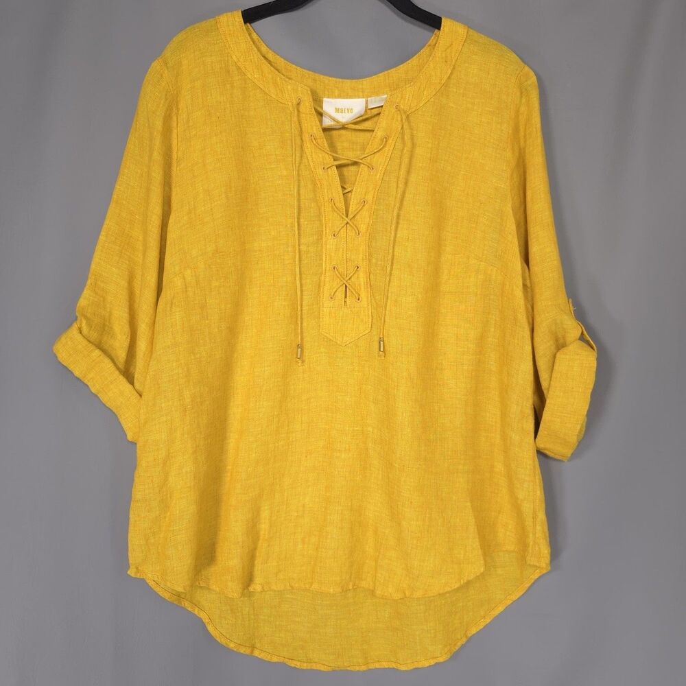 ANTHROPOLOGIE MAEVE Women Tunic Top Yellow 10 Lace Up Roll Tab Sleeve 100% LINEN